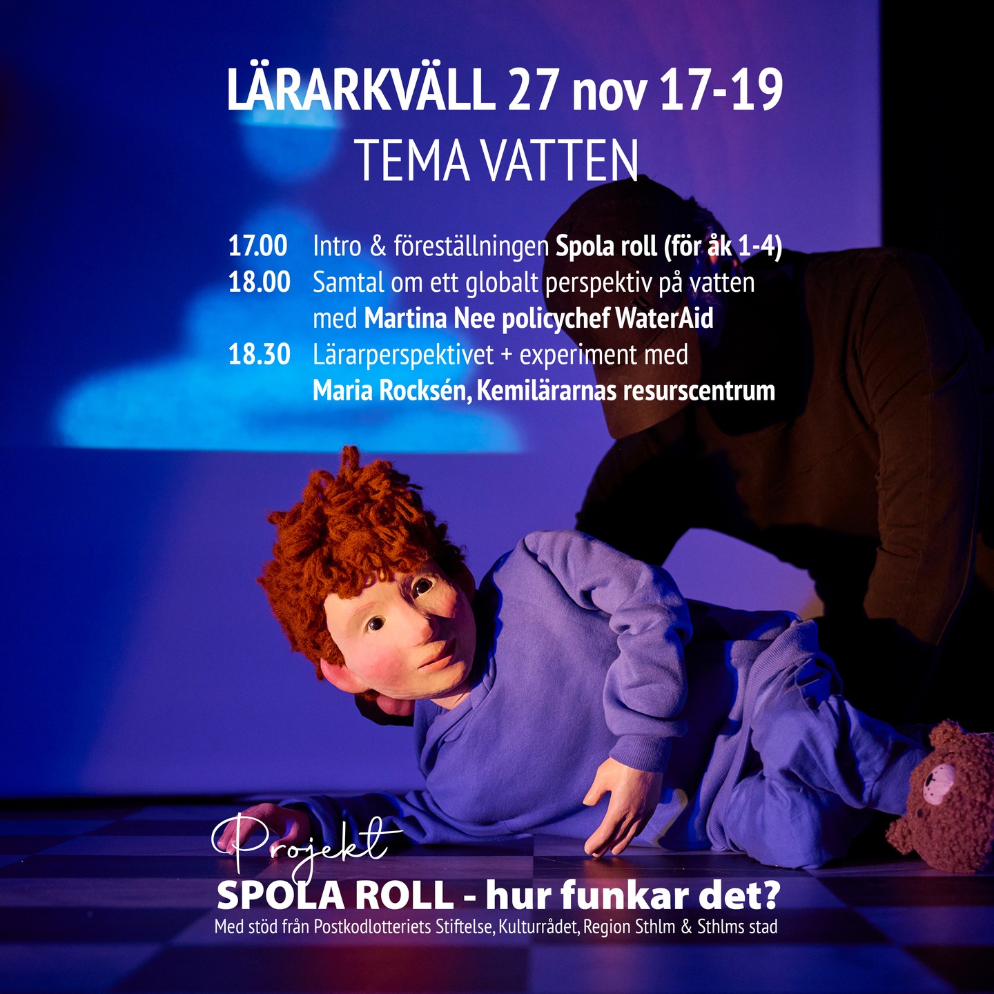 Välkommen på en informativ och inspirerande kväll med tema vatten! 💦
Vi gör en djupdykning i hur människan påverkar vattnets kretslopp och hur man kan arbeta med detta i skolan. Du får se föreställningen Spola roll (åk 1–4). Den följs upp med ett samtal om vatten ur ett globalt perspektiv av Martina Nee, policychef WaterAid. Du får även möta Maria Rocksén från Kemilärarnas resurscentrum som pratar om skolans perspektiv och visar experiment.
🗓 Tors 27 november klockan 17-19
📍 På Teater Barbara, Pipersgatan 4
👤 För lärare, pedagogisk personal, kulturombud, kultursamordnare och arrangörer
ℹ️ Anmälan till: info@barbara.nu
#teaterbarbara #spolaroll #postkodeffekten