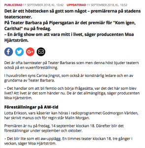 Skärmavbild på artikeln från Mitt i Kungsholmen om Teater Barbara och premiären av Kom igen, Caritha!